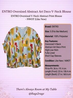 ENTRO Art Deco Abstract Print V-Neck Oversized Blouse - Small NWOT
